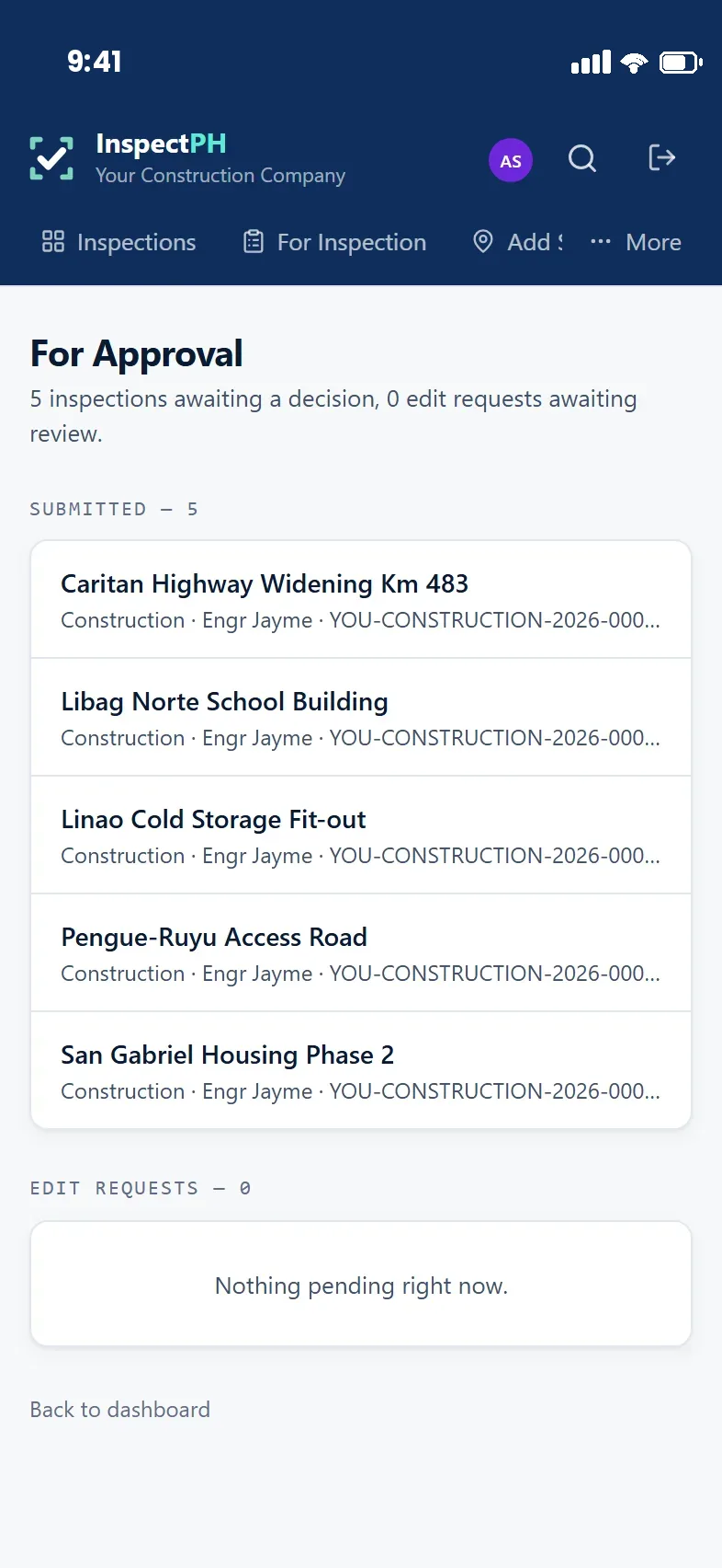 For Approval queue: five submitted inspections with the site, category, inspector and reference number on each.