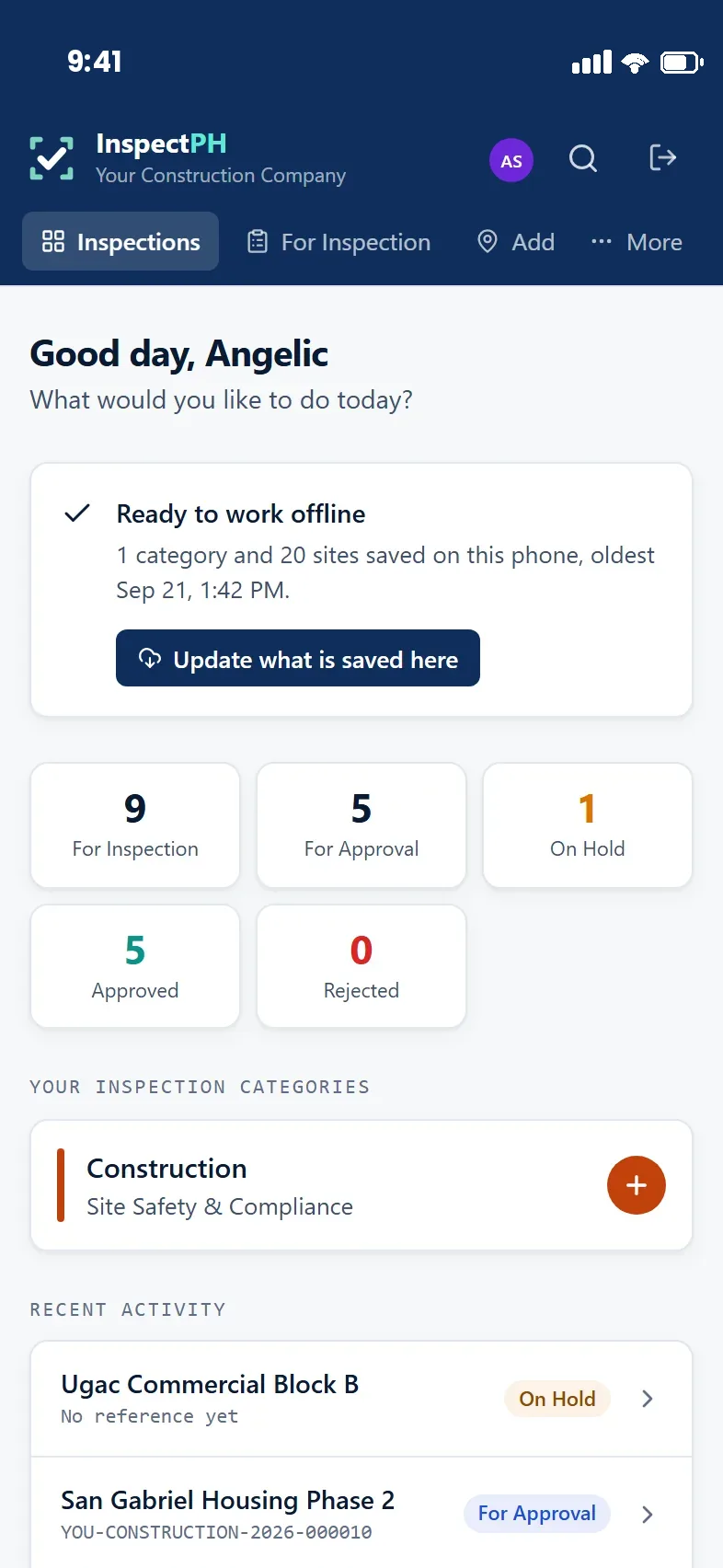 A supervisor's dashboard: sixty-four sites for inspection, fifteen waiting for approval, twelve on hold, and the categories they cover.