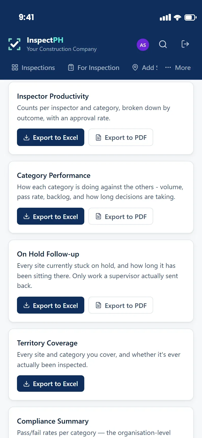 Export list: inspector productivity, category performance, on-hold follow-up and territory coverage, each with Excel and PDF buttons.