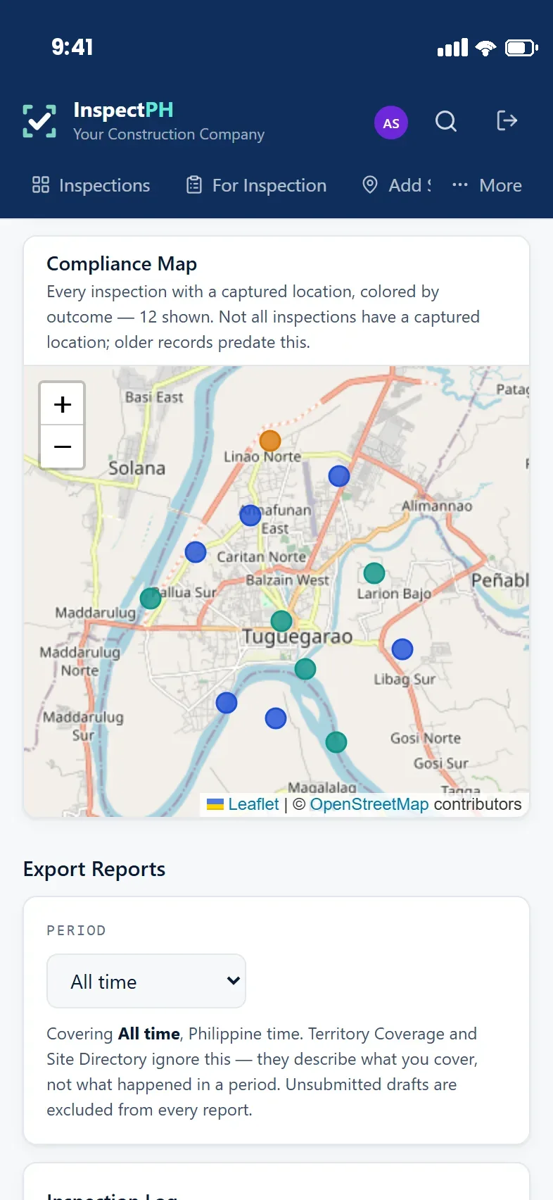 A compliance map with inspection locations coloured by outcome.