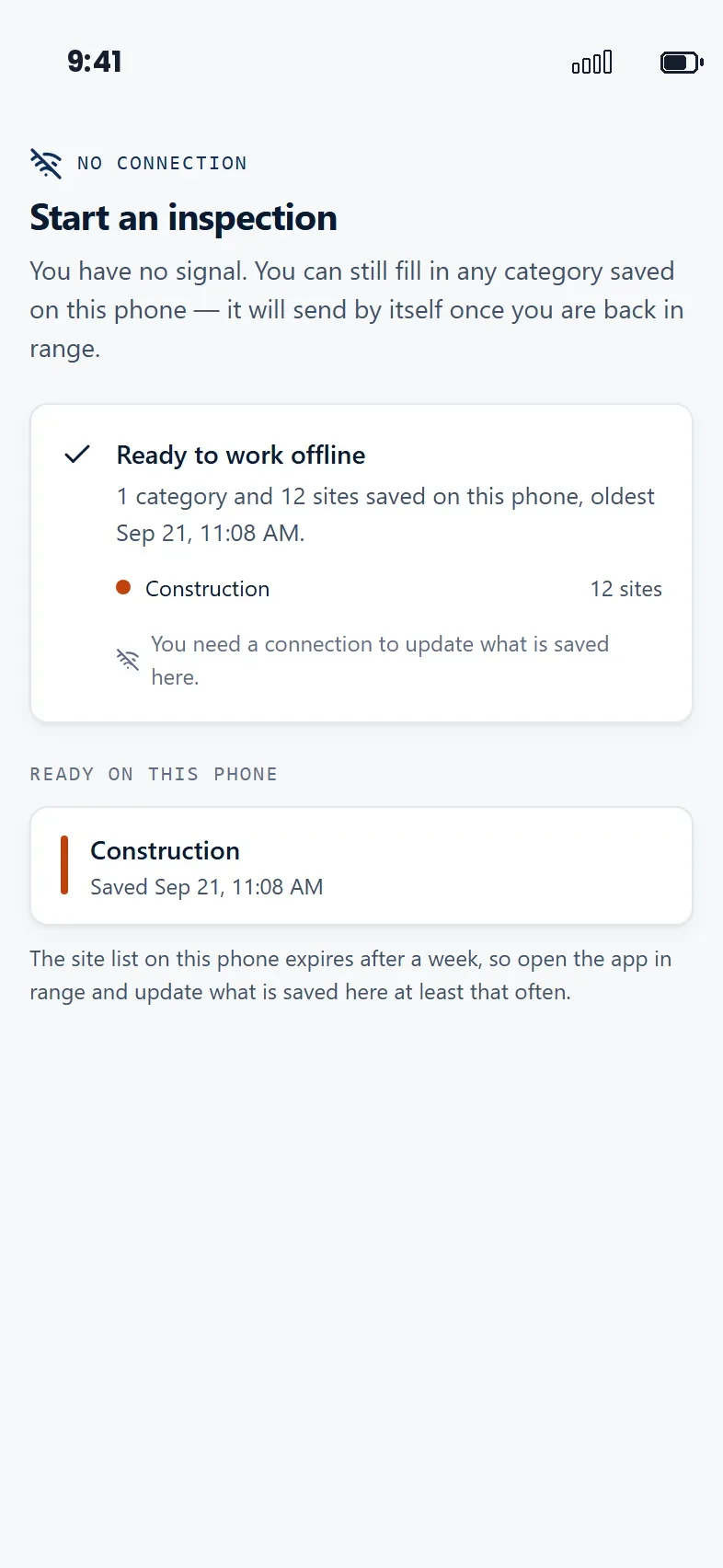 Field mode showing no connection, with the category and site list saved on the phone.