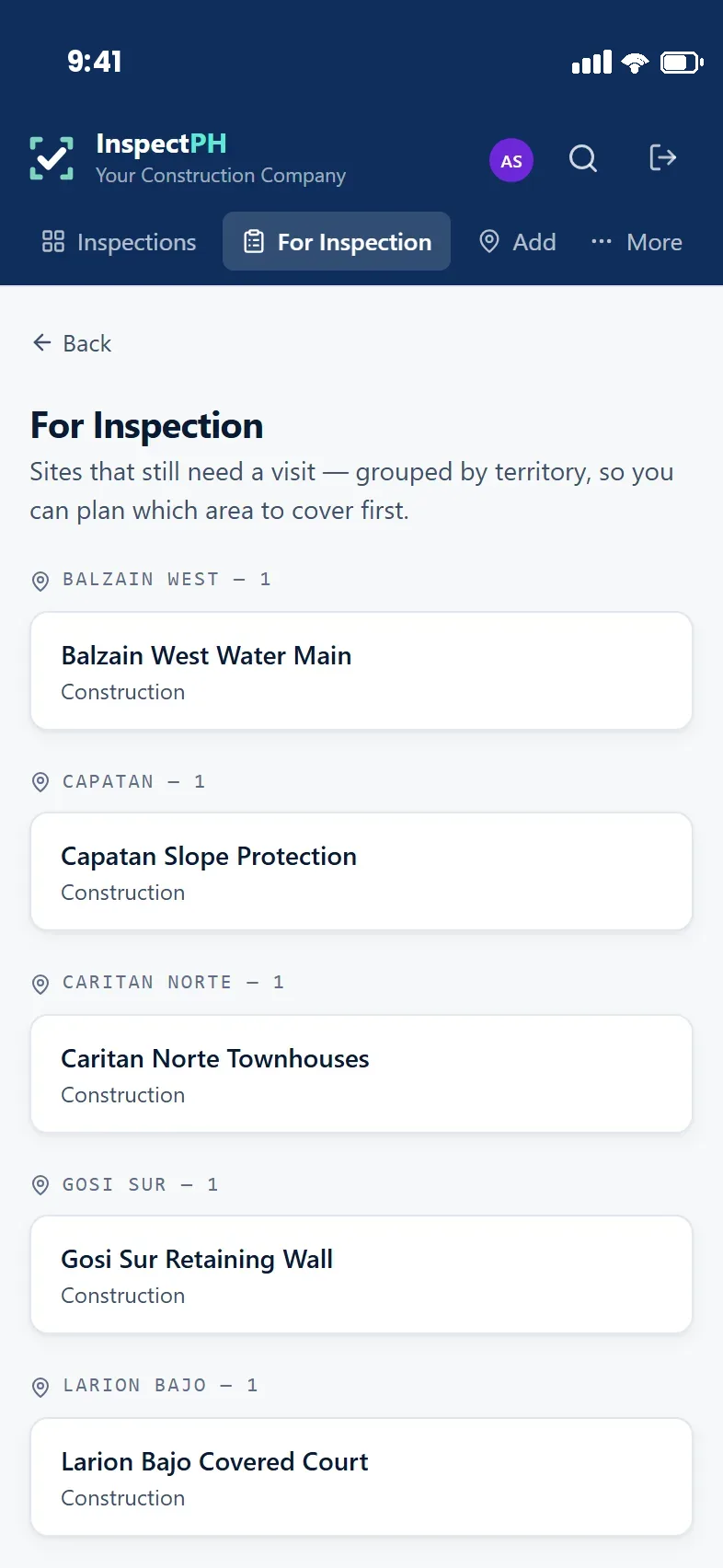 For Inspection list: construction sites still needing a visit, grouped by the territory each one sits in.
