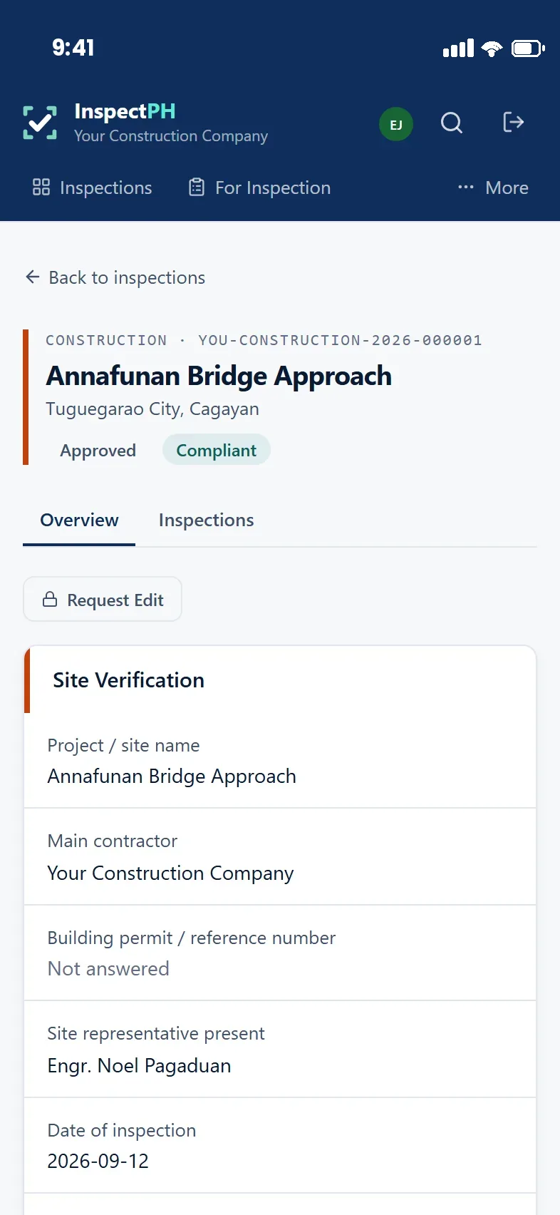 A submitted inspection record showing its reference number, the site, an Approved and Compliant status, and the answers item by item.